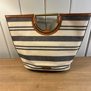 Fossil Navy and Cream Striped Canvas Tote with Gold Handle